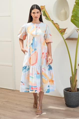 Merakus Multi Color Abstract Print Midi Dress 