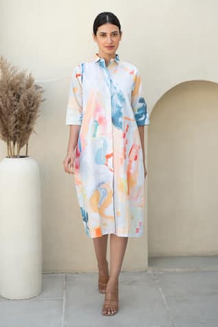 Merakus Multi Color Abstract Print Midi Shirt Dress 