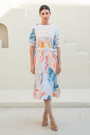 Merakus Multi Color Abstract Swerve Print Midi Dress 