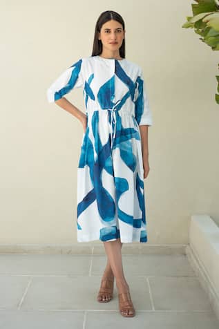 Merakus Stroke Wave Print Midi Dress 