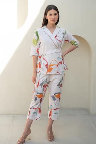 Merakus Floral Print Wrap Jacket & Pant Set 