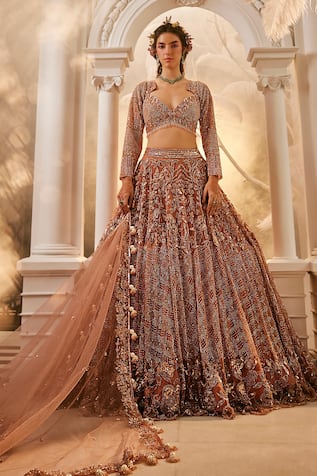 Swish By Dolcy And Simran Rose Gold Nakshi Embroidered Lehenga Set 