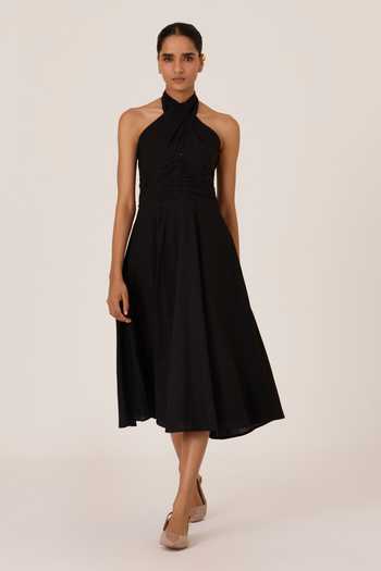 The Summer House Black Chanderi Halter Neck Midi Dress 