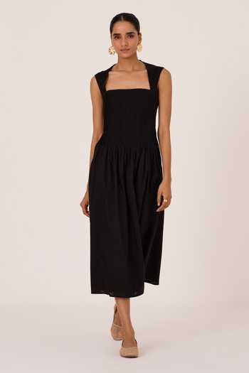 The Summer House Black Pleated Midi Dress 