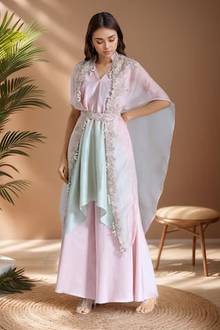 Floral Vine Embroidered Cape With Draped Pant Set 
