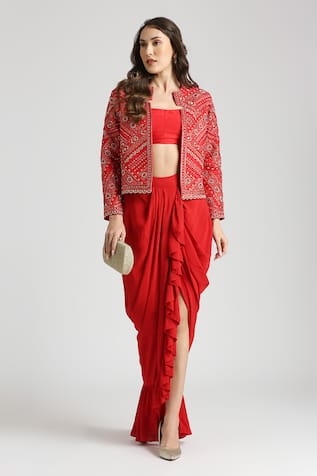 Neha Mehra Geometric Vine Embroidered Jacket & Skirt Set 