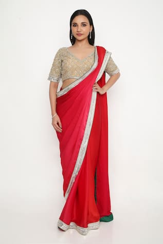 Neha Mehra Sequin Applique Embroidered Red Saree 