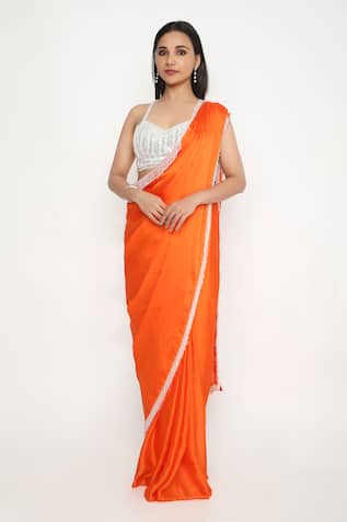 Neha Mehra Crystal Tassel Embellished Orange Saree 