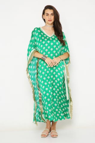 Neha Mehra Floral Butti Print Green Kaftan 