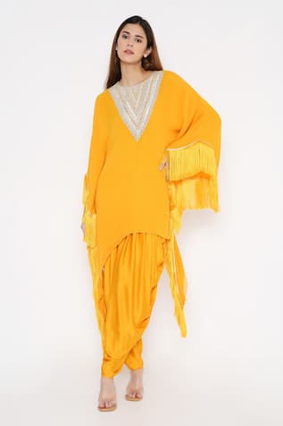 Neha Mehra Geometric Embroidered Mustard Kaftan Set 