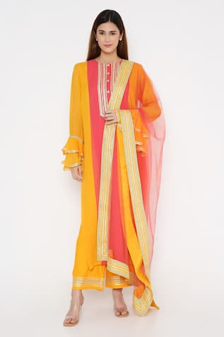Neha Mehra Saffron Color Block Kurta Pant Set 