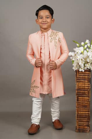 Little Brats Leaf Embellished Sherwani With Kurta Set 