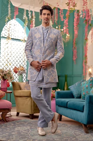 Kora By Nilesh Mitesh Floral Bloom Embroidered Sherwani Jacket Trouser Set 