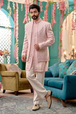 Kora By Nilesh Mitesh Mirror Embroidered Sherwani Jacket Trouser Set 