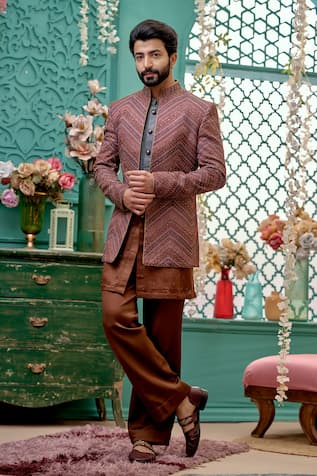 Kora By Nilesh Mitesh Floral Print Sherwani Jacket Trouser Set 