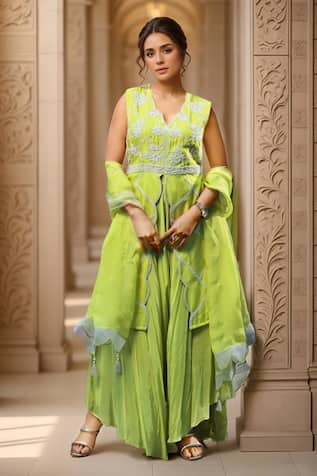 Samyukta Singhania Pearl Bloom Embroidered Front Slit Kurta & Sharara Set 