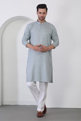 Aham-Vayam Mint Blue Thread Embroidered Kurta Set 