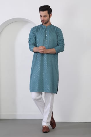 Aham-Vayam Aham Checkered Thread Embroidered Kurta With Pant 