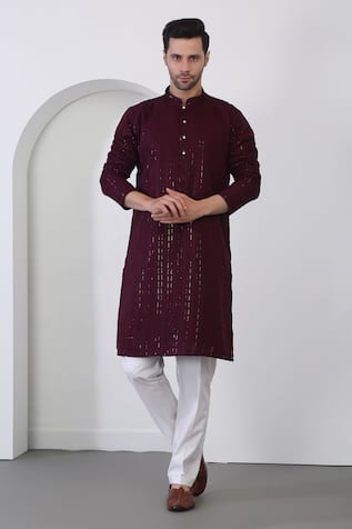 Aham-Vayam Maroon Sequin Embroidered Kurta & Pant Set 