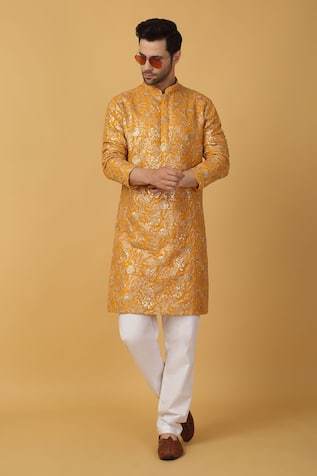 Aham-Vayam Floral Embroidered Yellow Kurta Set 