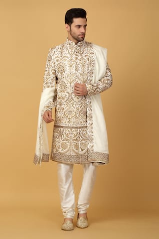 Aham-Vayam Ivory Gulshan Embroidered Sherwani Set 