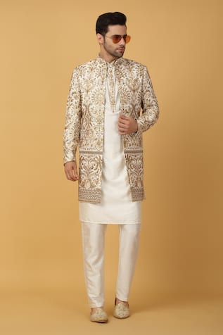 Aham-Vayam Ivory Floral Embroidered Sherwani Jacket Set 