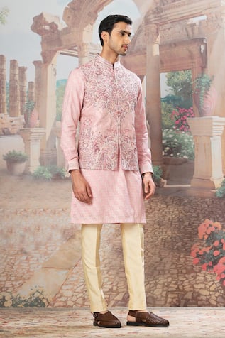 Embroidered Pink Raw Silk Bundi Kurta Set 
