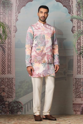 Asuka Floral Print Embroidered Bundi Kurta Set 