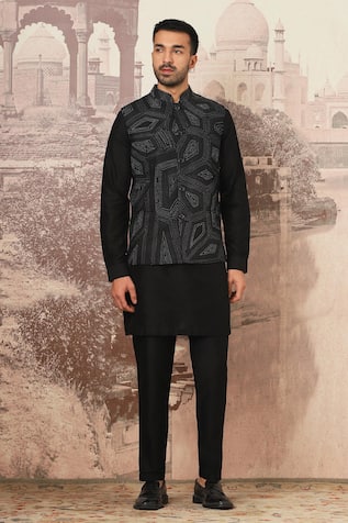 Asuka Black Kantha Embroidered Bundi Kurta Set 