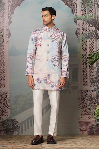 Asuka Embroidered Blue Silk Bundi Kurta Set 