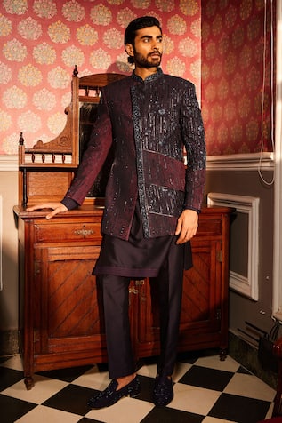 Asuka Asymmetric Hem Celeste Embroidered Sherwani Set 