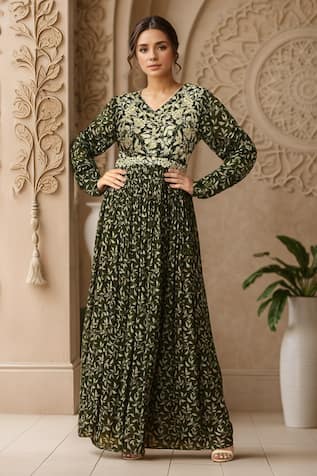 Samyukta Singhania Floral Embroidered Gown With Belt 