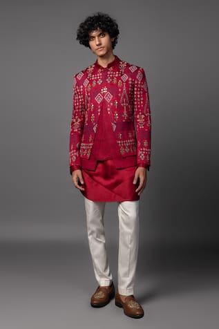 PAARSH Red Thread Embroidered Prince Coat Set 