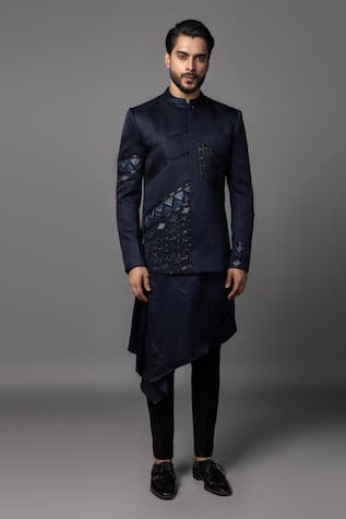 PAARSH Navy Cutdana Embroidered Prince Coat Set 