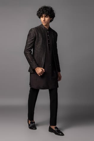 PAARSH Brown Linear Embroidered Prince Coat Set 