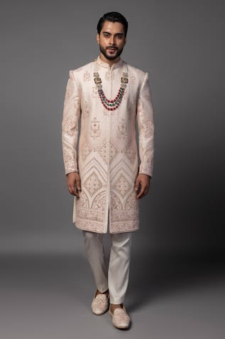 PAARSH Peach Geometric Embroidered Sherwani Set 
