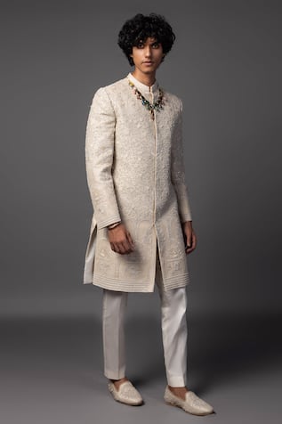 PAARSH Fawn Resham Embroidered Sherwani Set 