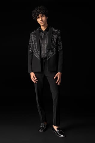 PAARSH Black Cutdana Embroidered Tuxedo Set 