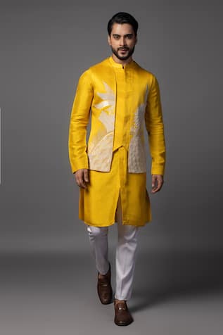 Paarsh Yellow Dabka Embroidered Bundi Kurta Set 