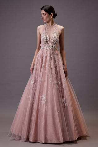 Soft Pink Floral Embroidered Gown 