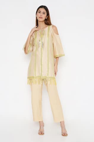 Neha Mehra Beige Gota Patti Embroidered Tunic & Pant Set 