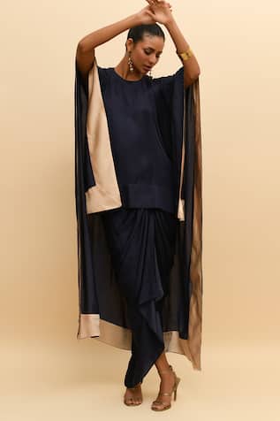 R. Y By Rishi And Vibhuti Navy Asymmetric Kaftan Top & Pant Set 