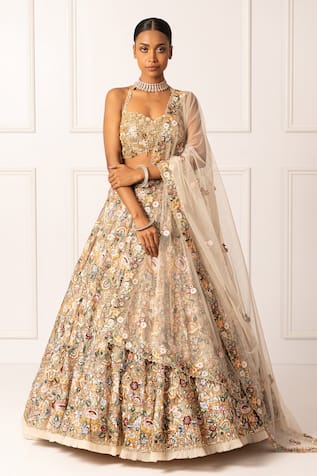 Isha Regalia Beige Floral Vine Embroidered Lehenga Set 