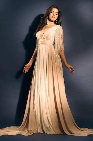 Babita Malkani Ivory Pearl Tassel Embellished Maxi Dress 