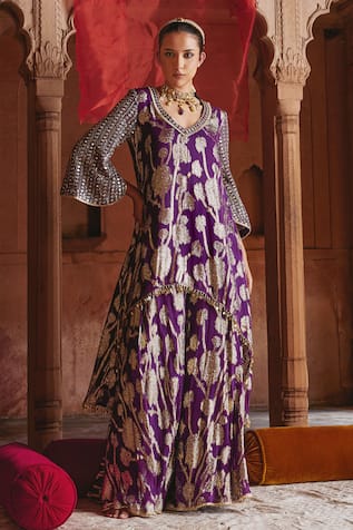 Mustard Moon By Neyha And Vrinda Purple Embroidered Kurta & Sharara Set 