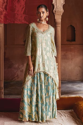 Mustard Moon By Neyha And Vrinda Mint Green Embroidered Kurta & Sharara Set 