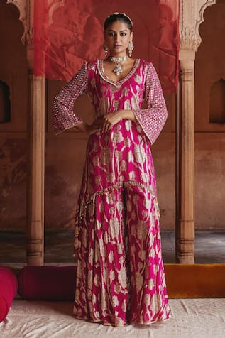 Mustard Moon By Neyha And Vrinda Rani Pink Mirror Embroidered Kurta & Sharara Set 