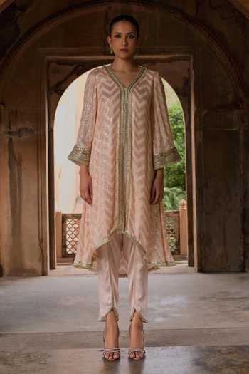 Mustard Moon By Neyha And Vrinda Peach Sequin Embroidered Kurta & Tulip Pant Set 