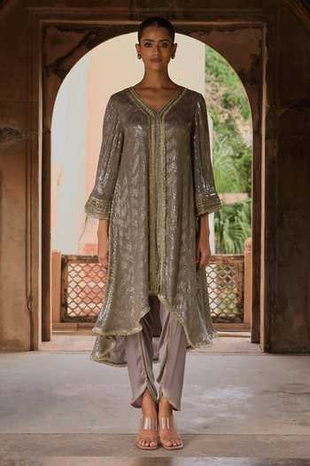 Mustard Moon By Neyha And Vrinda Slate Grey Sequin Embroidered Kurta Set 