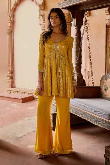 Mustard Moon By Neyha And Vrinda Yellow Mukaish Embroidered Tunic & Pant Set 